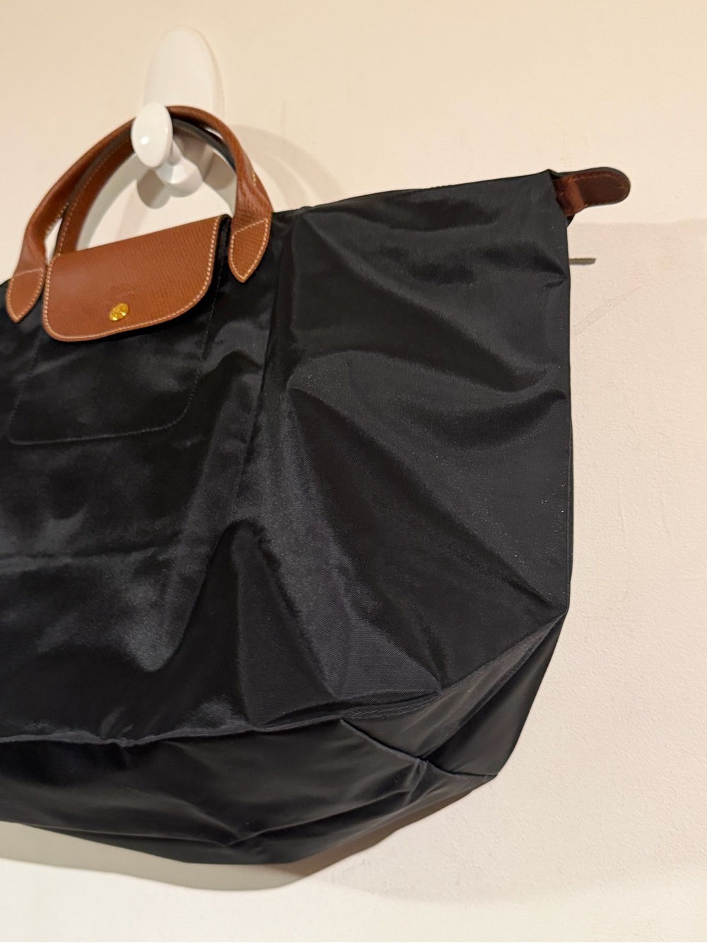 Longchamp Le Pliage Black Nylon with Brown Leather Trim - large Travel Tote - Picture 3 of 7